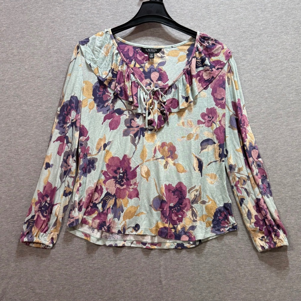 Lauren Ralph Lauren Floral‎ Ruffle Top Womens XL Mint Green Purple Linen Blend